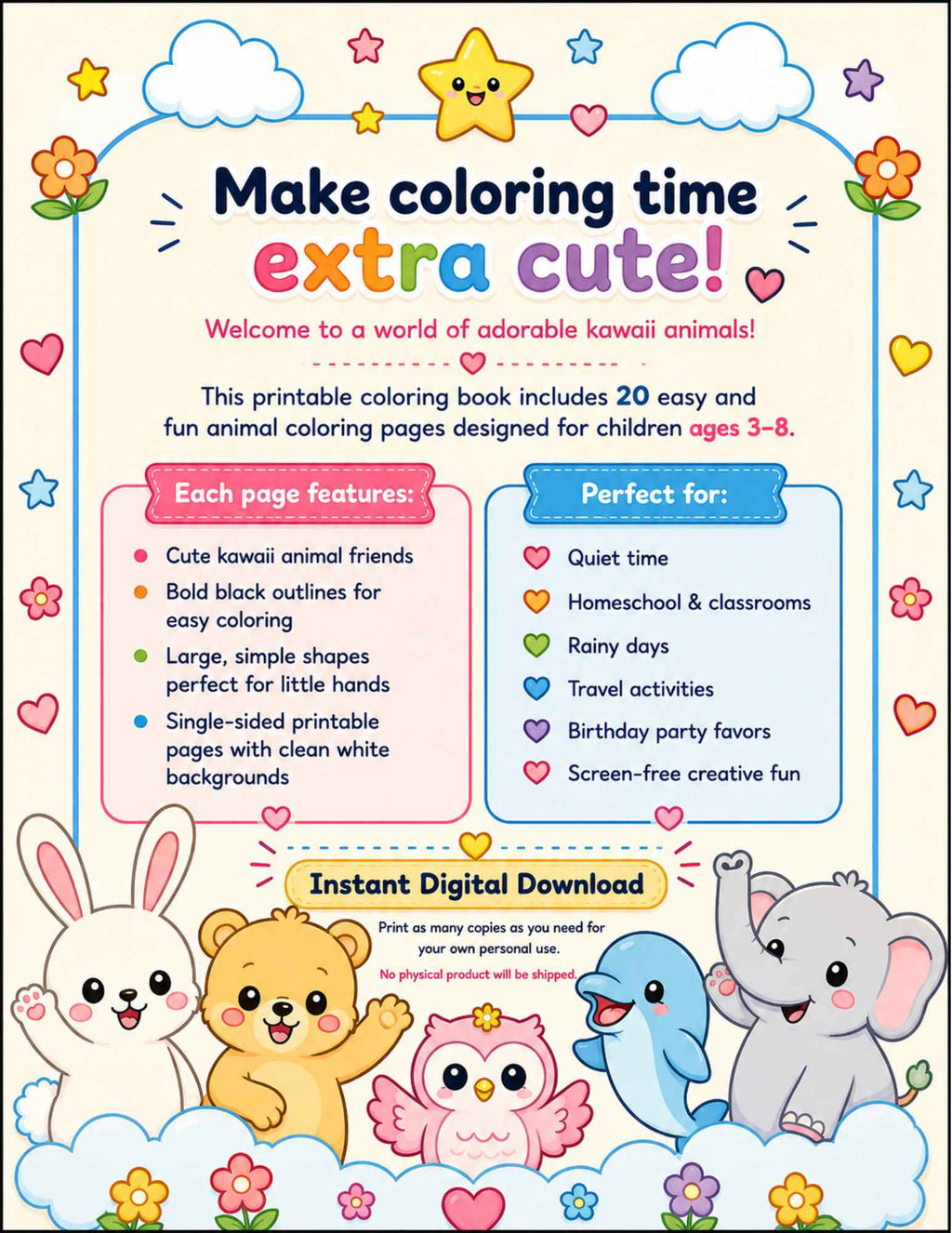 Cute Kawaii Animal - Printable Coloring Book