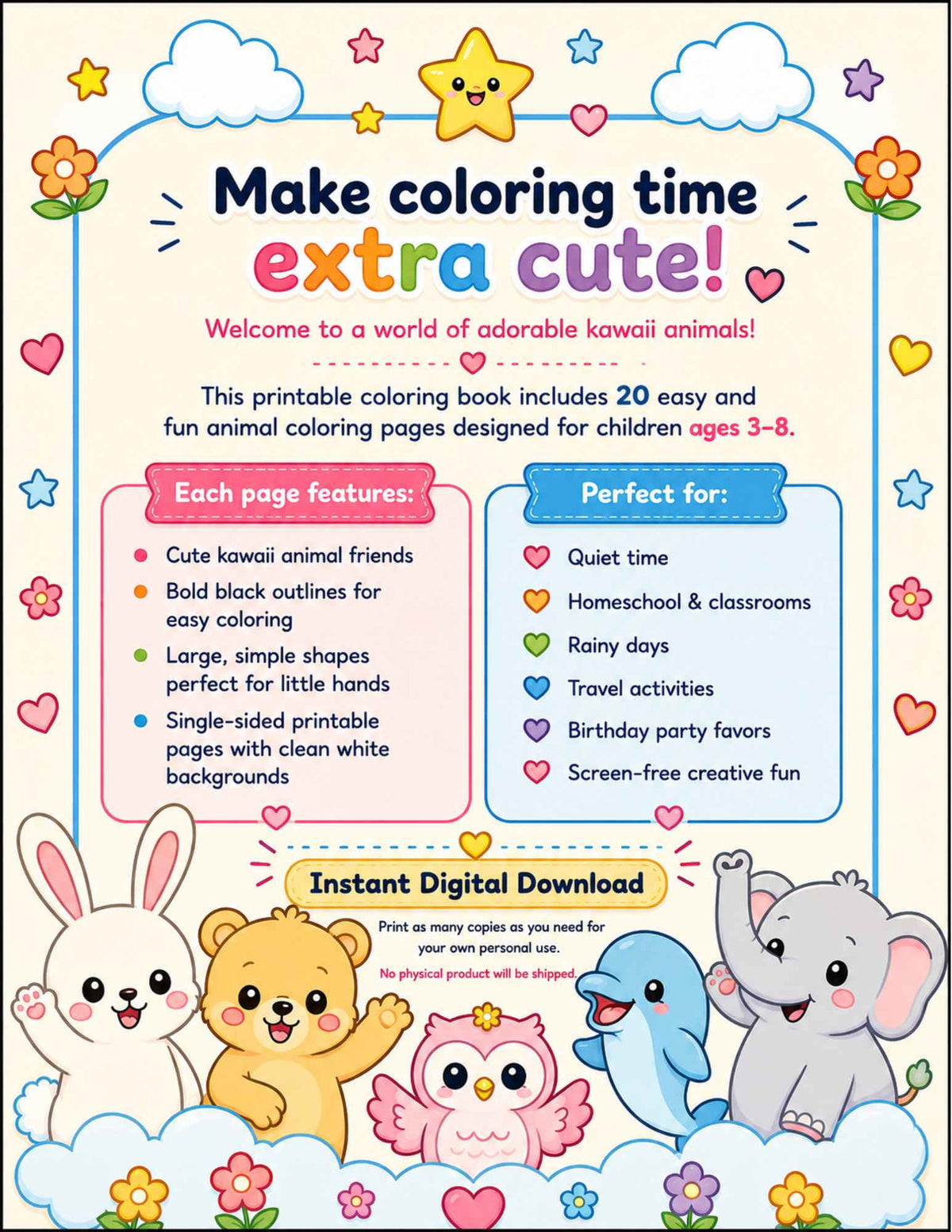 Cute Kawaii Animal - Printable Coloring Book