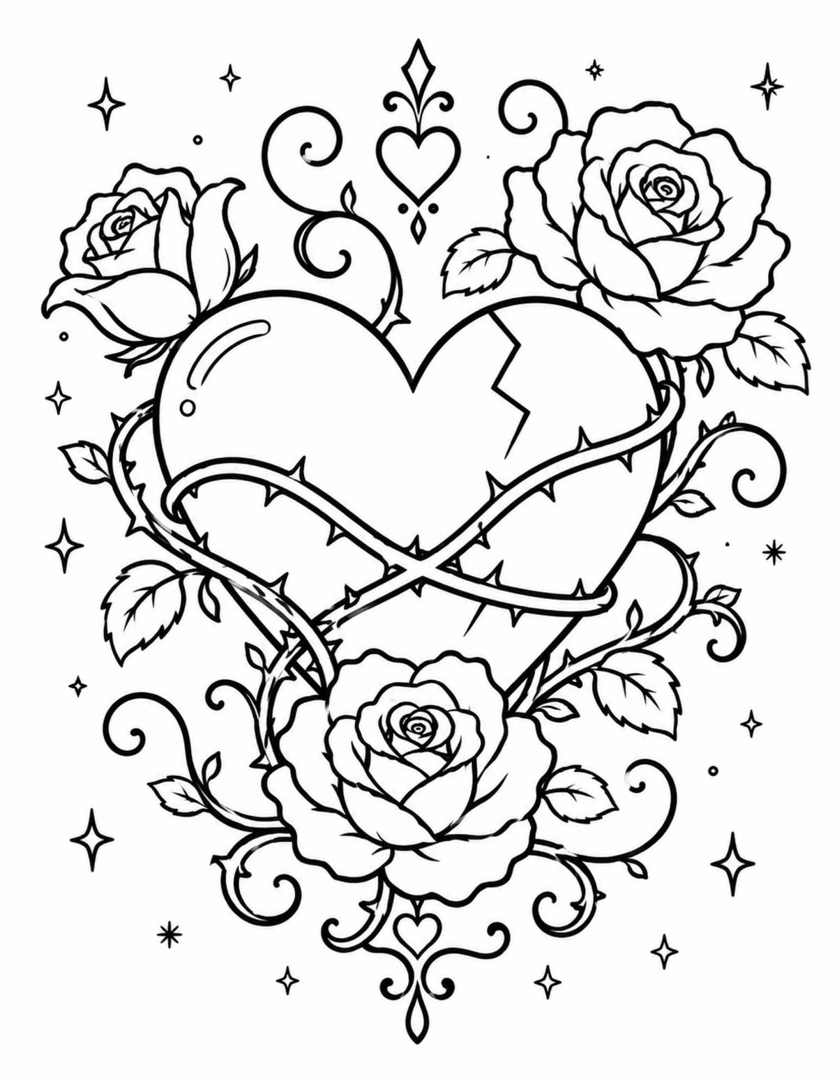 Gothic Roses & Broken Hearts Printable Coloring Book for Adults
