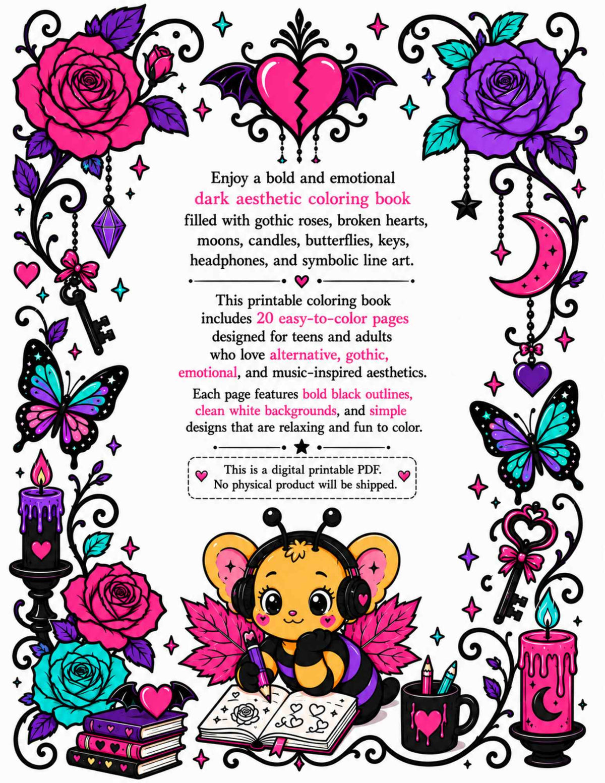 Gothic Roses & Broken Hearts Printable Coloring Book for Adults